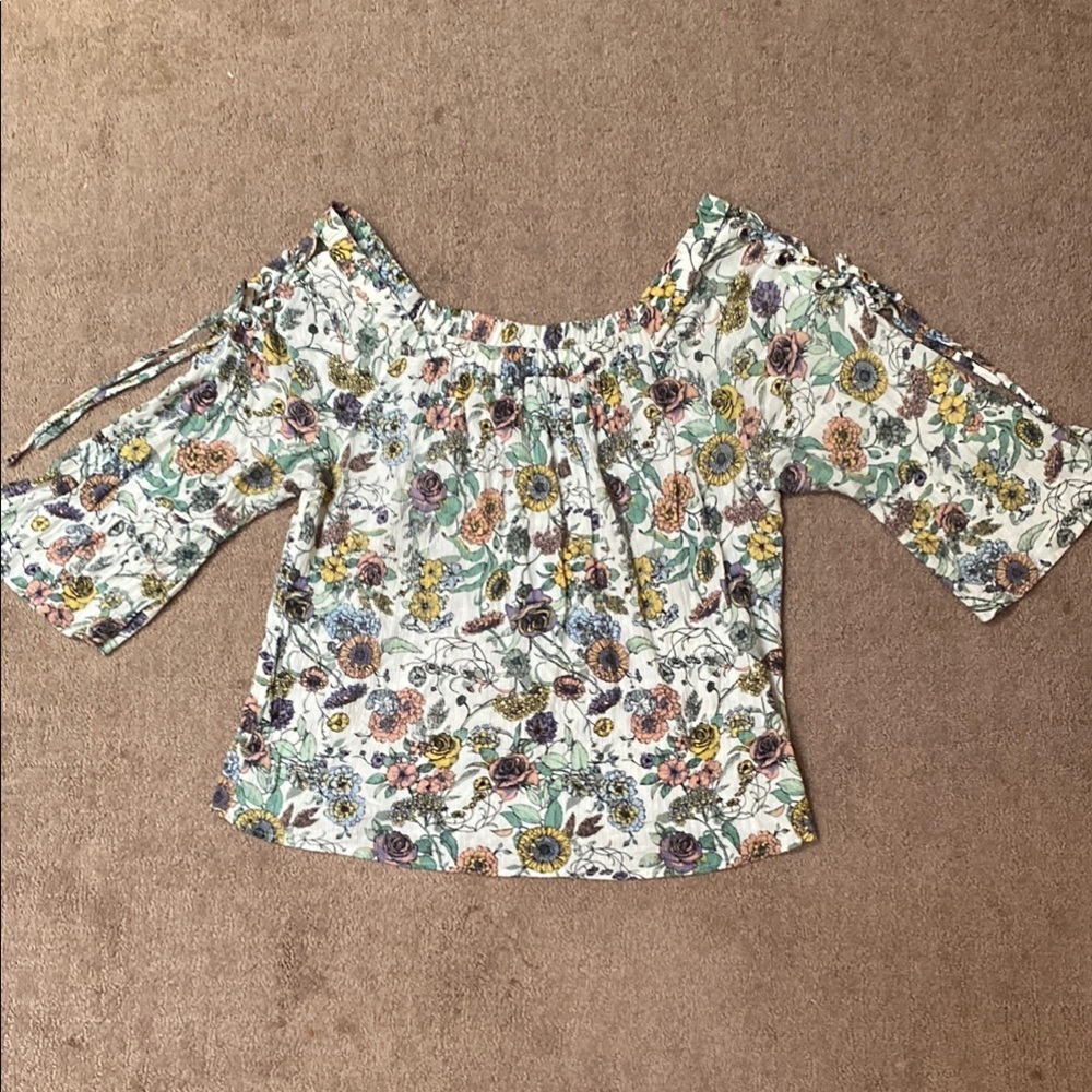 Cream and Floral Boho Top with Tying Bell Sleeves Spring Hippie Whimsical Fairy